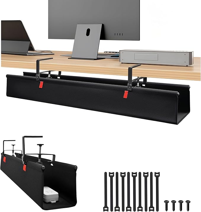 48" No Drill Under Desk Cable Management Tray - Upgraded Oxford Fabric with Cable Loop, No Damage to Table for Standing Desks and Home Office (Extra Large (48 Inch))