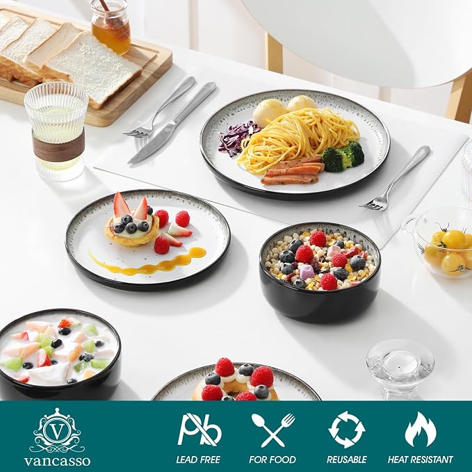 vancasso PLAYA Plates and Bowls Sets, 24 Pieces Beige Dinnerware Sets for Kitchen, Reactive Glaze Dishes Set for 8, Dishwasher and Microwave Safe