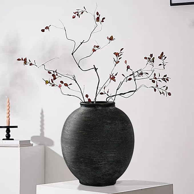 Black Round Ceramic Vase, 9.8 inch Large Textured Flower Vase,Minimalist Rustic Farmhouse Decor for Home, Living Room, Shelf, Table, Bathroom & Entryway Decoration (Black Bronze)