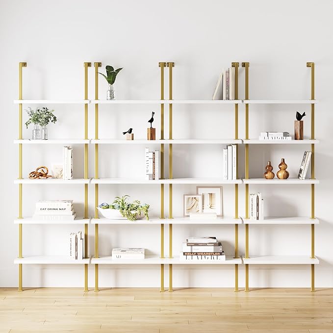 Nathan James Theo 5-Shelf Gold, Ladder Bookcase with Gold/Brass Metal Frame, White, Set of 4