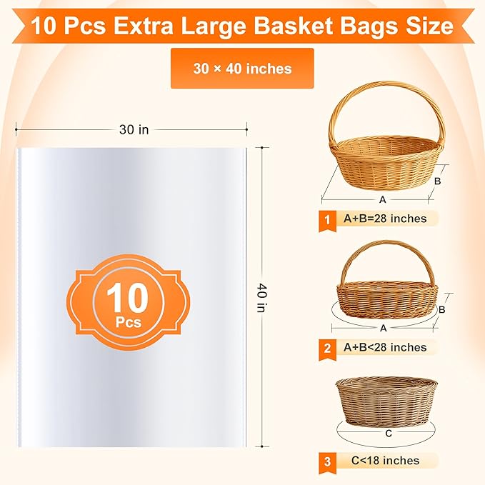 TMIOLUD 10PCS Extra Large Cellophane Bags, 30x40 Inches Premium Clear Cellophane Wrap for Gift Baskets, Clear Gift Bags Packaging 2.6 Mil Thick