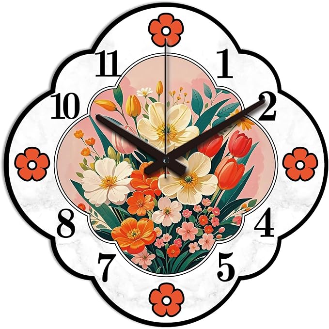 Floral Frame Wall Clock Irregular Shape Decorative Wall Clock Retro Style Flowers Non-Ticking Clock for Home Office Decoration, 12.99×12.99 inch