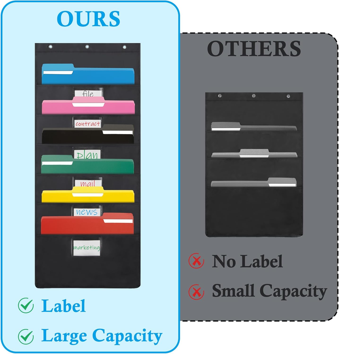 VZCPYTPM Wall File Organizer - Black 6-Pocket Hanging Design for Classroom, Office, Home