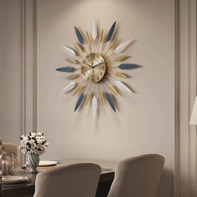 Cuspin Large Wall Clock, 24 Inch Mid Century Modern Clock Decorative Golden Feather Sunburst Wall Clock, Silent Non Ticking Battery Operated Wall Clocks for Living Room Decor