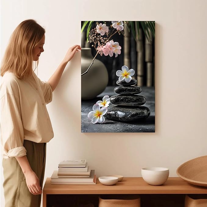 A harmonious black stone stack paired with white and pink flowers bamboo and ceramic vases creates a tranquil Zen decor for minimalist homes and mindful spaces 28x40in Frameless