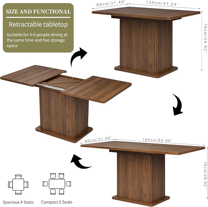 Extendable Kitchen Dining Table for 4-6, 47-65 Inch Rectangle Dining Room Table with 2 Doors, Large Storage, Mid Century Modern Dinner Furniture, Living Room, Space Saving, Square, Fluted, Walnut