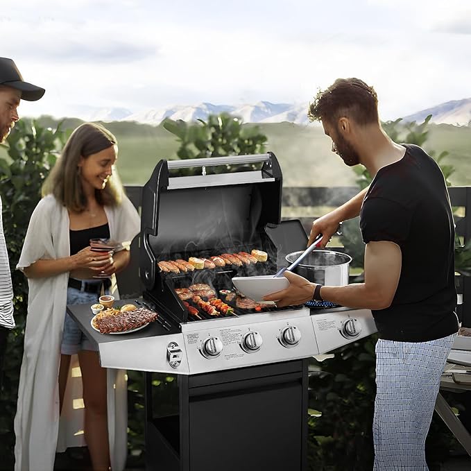 Lyromix 3 Burners Gas Grill with Side Burner, Propane Grill with Wheels and Storage, Outdoor Gas BBQ with Oil Tray and Thermometer for Patio and Party, 37000 BTU