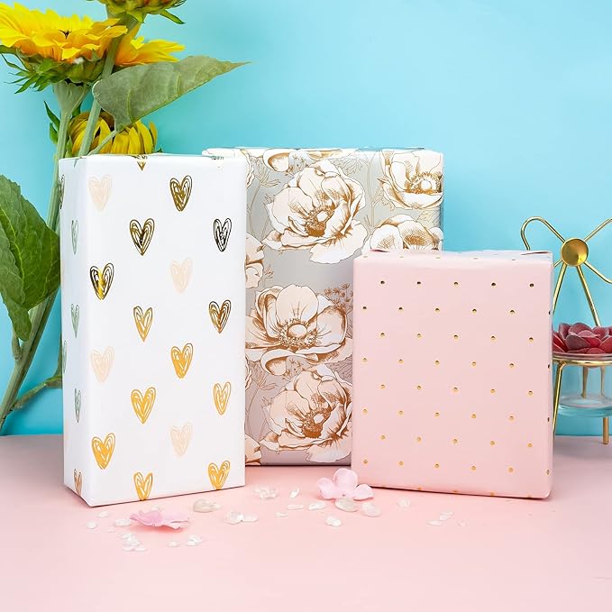 MAYPLUSS Pink Valentine's Day Wrapping Paper Roll - Mini Roll - 17in x 120in Per roll - Gray Floral,Gold foil Heart,Pink Polka Dots (3 Rolls 46.5sqft) For Birthday,Party,Girl,Wedding.Women