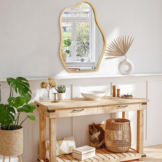Gold Irregular Mirror for Wall Decor - Modern Asymmetrical Wooden Framed Wavy Mirror - Decorative for Living Room, Bedroom, Bathroom, Entryway - Gray