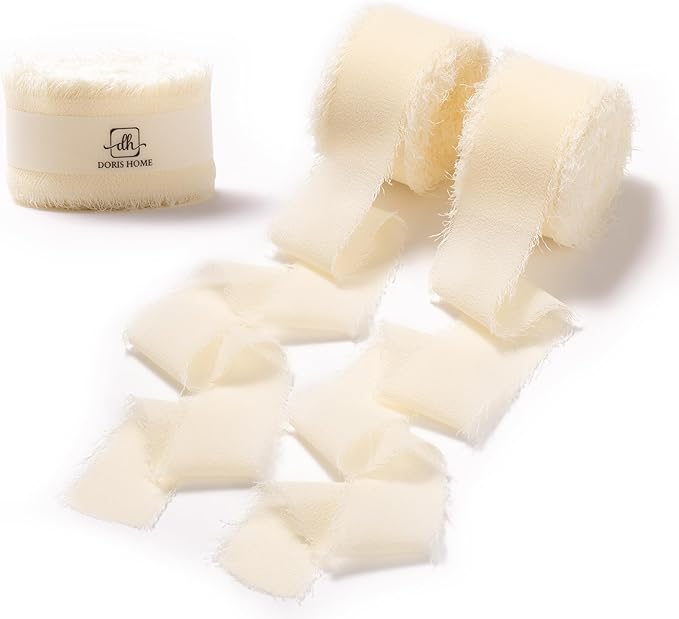 DORIS HOME 1" x21Yd Chiffon Ribbon for Flower Bouquet, Ivory Fabric Ribbon for Gift Wrapping, Handmade Frayed Ribbon for Wedding Invitations/Christmas Decorations