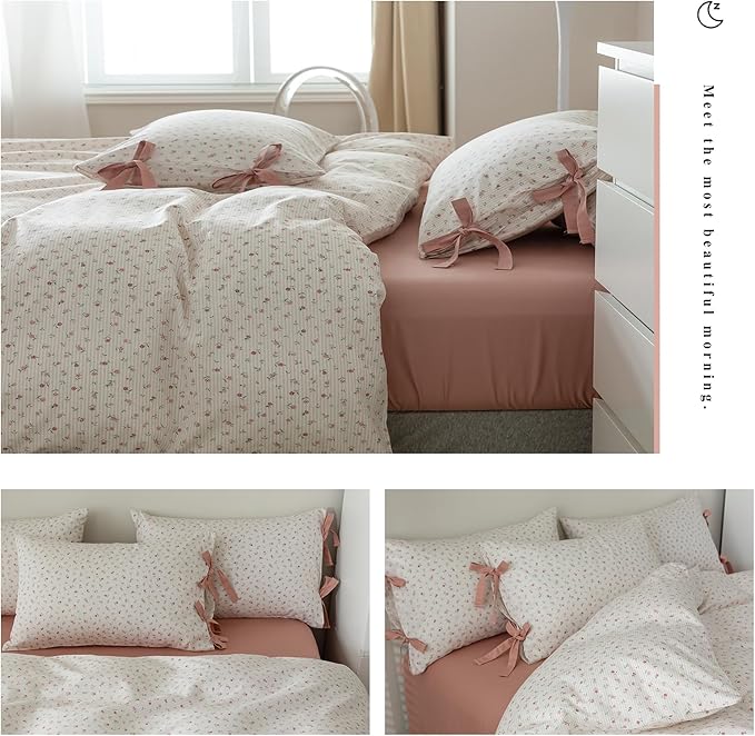 Floral Print Bedding Duvet Cover Twin XL Pink Flower Duvet Cover Cotton Floral Botanical Comforter Cover Girls Cottagecore Bedding Set Vintage Country Comforter Cover with 2 Bowknot Pillowcases