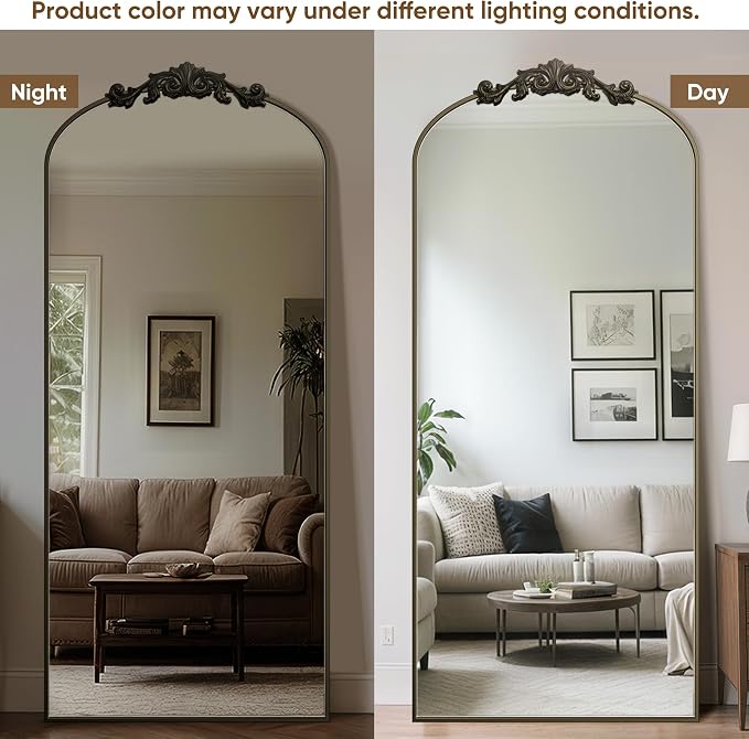 Antok Arched Full Length Mirror, 71"x28" Floor Mirror with Carved Frame, Standing/Wall Hanging Large Mirror for Bedroom, Living Room, Cloakroom, Bronze, Retro Style