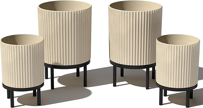 Veradek Demi Series Round Planter w/Stand for Porch/Patio | Durable Plastic-Stone Composite & Wooden Stand | Modern Décor for Tall Plants, Flowers