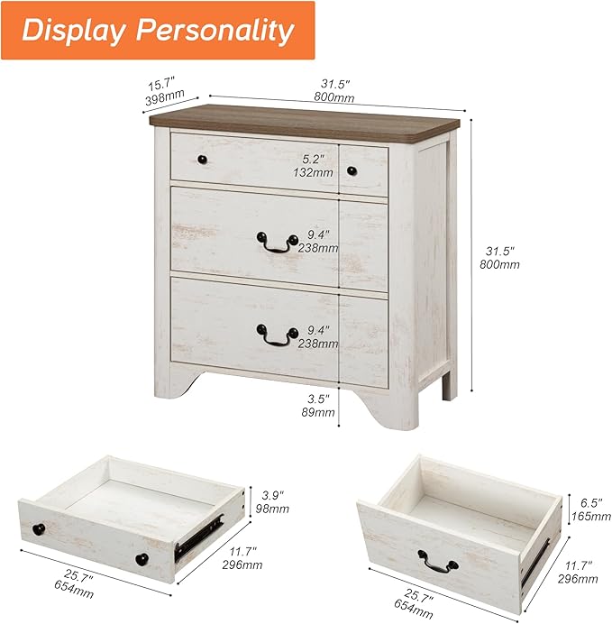 WAMPAT 3 Drawer Dresser for Bedroom, 31.5" White Dresser with Wide Chest of Drawers, Kids Dressers for Nursery,Bedroom, Living Room, Closet