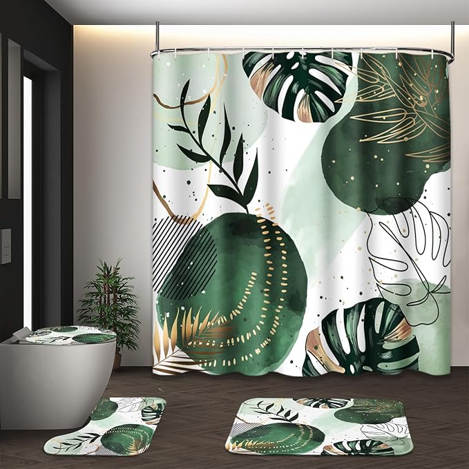 Sage Green Boho Shower Curtain Set with Toilet Lid Cover and Non-Slip Rugs, Mid Century Plant Abstract Olive 4 Pcs Modern Shower Curtain for Bathroom Set with 12 Hooks