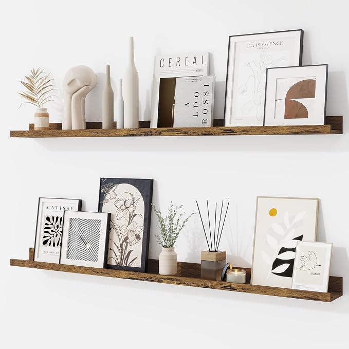 RICHFOCUS Picture Ledge Shelf, 40 inch Floating Shelves Set of 2, Wood Wall Shelves with Lip, Wall Decor Storage for Bedroom Living Room Bathroom Kitchen Nursery Photo Picture, Rustic Brown