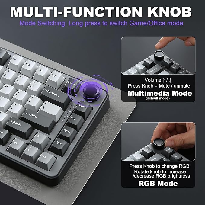 YUNZII B75 PRO Wireless Mechanical Keyboard,75% Layout with Knob,Hot Swap Gasket Structure,Creamy Pre-lubed Switches,RGB Backlit,Bluetooth/Type-C/2.4G for Win/Mac (Dark Grey, Milk Switch)