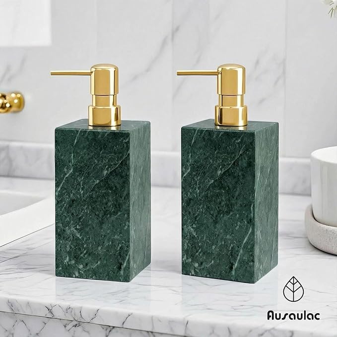 2 Set Real Natural Marble Soap Dispenser with Stainless Steel Pump – Decorative Liquid Hand Soap Bottle for Kitchen & Bathroom, Compatible with Lotion, Dish Soap & Shower Gel (Green)