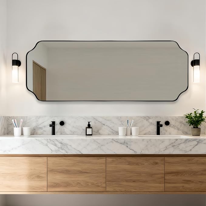 ANDY STAR 18" x 48" Full Length Mirror, Large Black Scalloped Bathroom Mirror, Full Body Wall Mirror with Scalloped Corner Decorative for Bedroom, Living Room (Horizontal or Vertical)