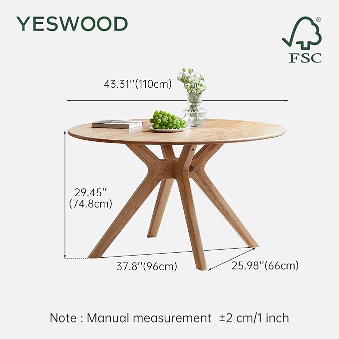 YESWOOD 43.3’’ Solid Wood Round Dining Table for 4, Oak Rustic Kitchen Table with Intersecting Pedestal Base, Farmhouse Circle Dinner Table for Dining Room, Living Room, Office, Natural