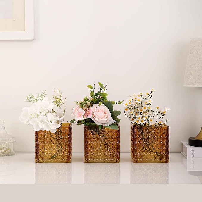 Square Vases Set of 6, 5" x 5" x 5" Square Glass Vases for Flowers, Amber Flower Vase for Centerpieces, Small Bubble Vase for Wedding, Party, Home, Office, Parties, Events