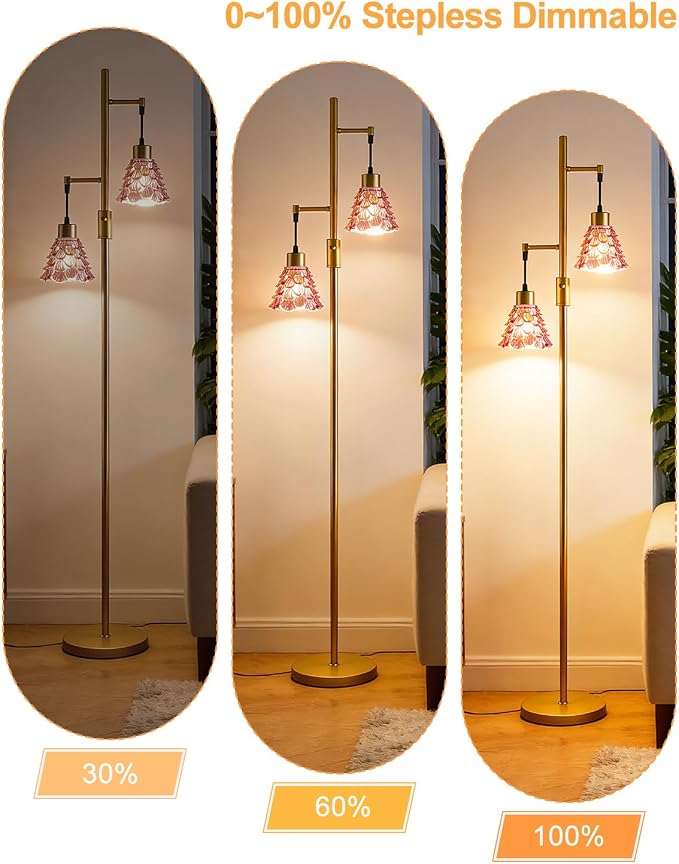 Lightdot 2-Light Gold Flower Floor Lamp, 65IN Rose Red Glass Floor Lamp with 3000K Warm White Bulbs, Modern Standing Tall Lamp with 5Lbs Heavy Base for Living Room Bedroom Home Office Sofa Beside