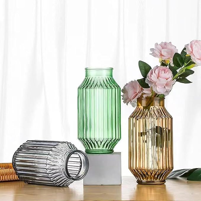 Flower Vase,Glass Vase,9.2 inch,Vintage Clear Ribbed Glass Vase for Home Decor,Bookshelf,Dinner Table,Indoor Office Desktop,Meeting Room,Home Christmas Day Decoration