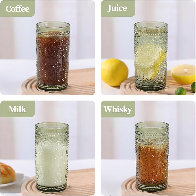 abrwyy Green Drinking Glasses Set of 4, Vintage Drinking Glasses, Colored Glassware Drinking, Highball Beverage Glasses Cup, Vintage Glassware Set for Water, Juice, Cocktail, Coffee