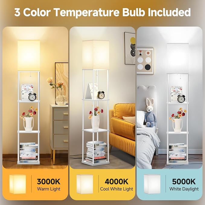 SHINE HAI Floor Lamps with Shelves for Living Room, 3-Tier Square Modern Standing Lamp with 3CCT Bulb, 11W 950LM Brightness, Tall Shelf Lamp for Bedroom, Office, Bookshelf & Display Organizer