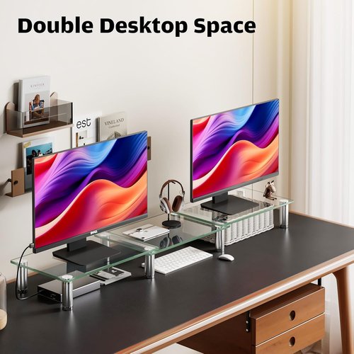 Hemudu Dual Monitor Stand - Adjustable Height & Angle Desktop Organizer for PC & Laptop (Clear)
