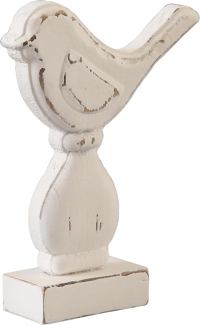 Farmhouse Small Bird Figurines Home Decor for Shelf 6 X 8 Inch, Handmade Distressed White Wooden Decorative Birds Statue Table Decorations for Foyer Dining Room Living Room Bedroom