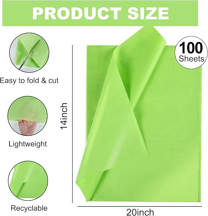 BEISHIDA 100 Sheets Lime Green Tissue Paper Bulk, Wrapping Tissue Paper for Gift Bags, 14 x 20 Inch Gift Wrap for Halloween Birthday Wedding Graduation DIY Crafts Holiday Flowers