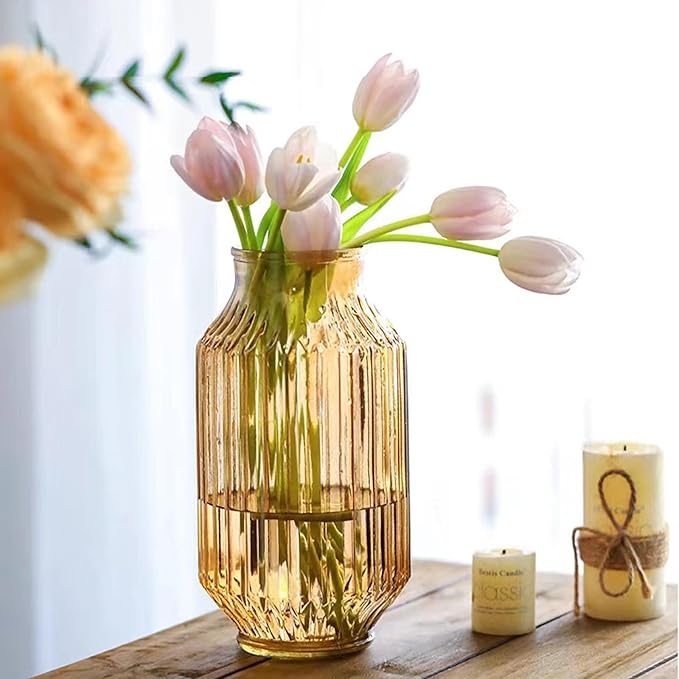 Flower Vase,Glass Vase,9.2 inch,Vintage Clear Ribbed Glass Vase for Home Decor,Bookshelf,Dinner Table,Indoor Office Desktop,Meeting Room,Home Christmas Day Decoration