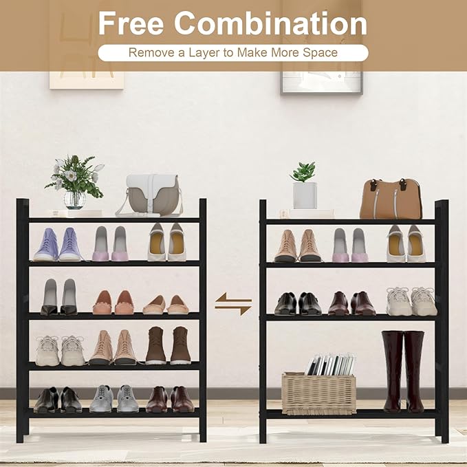 Haddockway Bamboo Shoe Rack for Closet, Free Standing Shoe Organizer with Smooth Round Rods & Convenient Handles, Stackable Shoe Storage Shelf for Entryway, Hallway(Black, 5-Tier(Small))