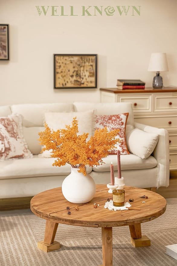 WELL KNOWN 4 Pcs Glitter Artificial Cedar Spray 19.5" Orange Floral Picks Faux Cedar Pine Branches Stems, Orange Floral Arrangements for Home Vase Wedding Wreath Xmas Tree Holiday Decoration Gift