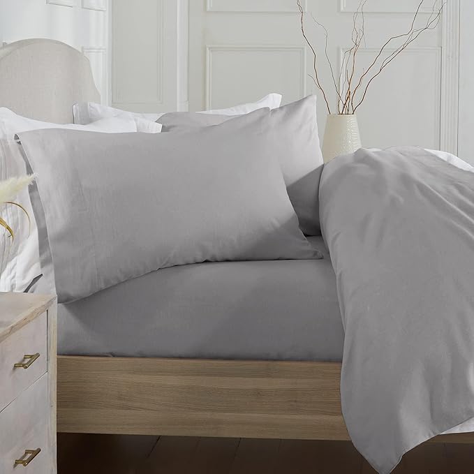 Market & Place 100% Turkish Cotton Flannel Sheet Set | 4 Piece Deep Pocket Solid Cozy Winter Bed Sheets | Double Brushed for Extra Softness & Comfort | Chalet Collection (Queen, Dark Grey)