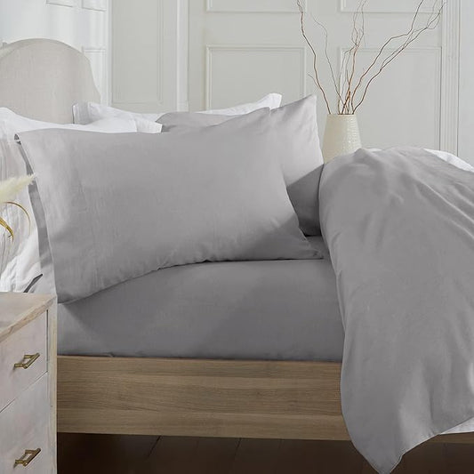 Market & Place 100% Turkish Cotton Flannel Sheet Set | 4 Piece Deep Pocket Solid Cozy Winter Bed Sheets | Double Brushed for Extra Softness & Comfort | Chalet Collection (Queen, Dark Grey)
