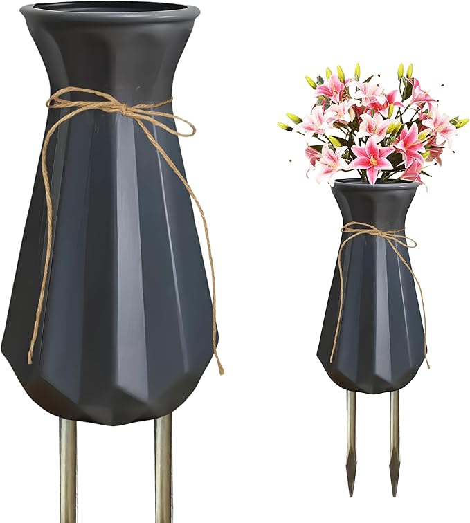 Cemetery Vase with Metal Spikes Plastic Grave Vases Grave Flower Holder for Cemetery Headstones Flower Holder for Outdoor Tombstone Markers Loss of Loved Ones Memorial Gifts (Gray)