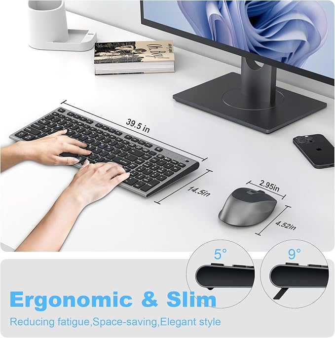 FENIFOX Wireless Keyboard and Mouse, Rechargeable USB C Combo Silent Quiet Compact Full Size Flat with Number Pad Soft Cover for Mac MacBook iMac Windows PC Laptop Computer Office - Black & Grey