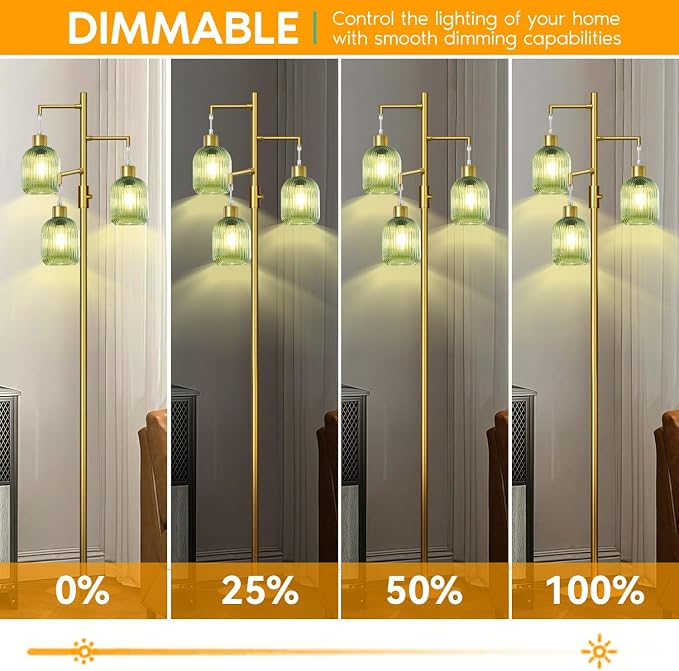Modern Floor Lamps for Living Room, Glass Standing Lamp with Green Shade, Dimmable Ribbed Glass 3 Lights Floor Lamps, Mid Century Tall Lamp for Bedroom, 3 Bulbs Included