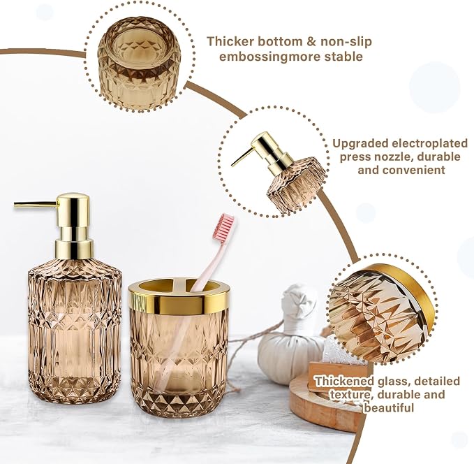 2Pcs Brown Bathroom Accessories Set, Glass Bathroom Accessories, Vintage Bathroom Countertop Decoration Includes Soap Dispenser, Toothbrush Holder