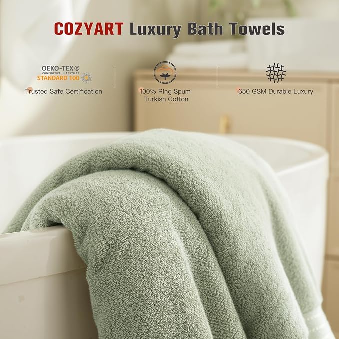 COZYART Sage Green Bath Towel Set for Bathroom Turkish Cotton Thick Soft Absorbent Durable 650 GSM Towel Sets of 6, 2 Large Bath Towels, 2 Hand Towels, 2 Washclothes