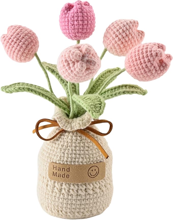 Crochet Woven Tulips with Wool,Simulation Plant Crochet Hand-Woven Flowers for Home Room Table Office Ornaments and Birthday Gifts for Family Friends Anniversary（5 Flowers-Pink ）
