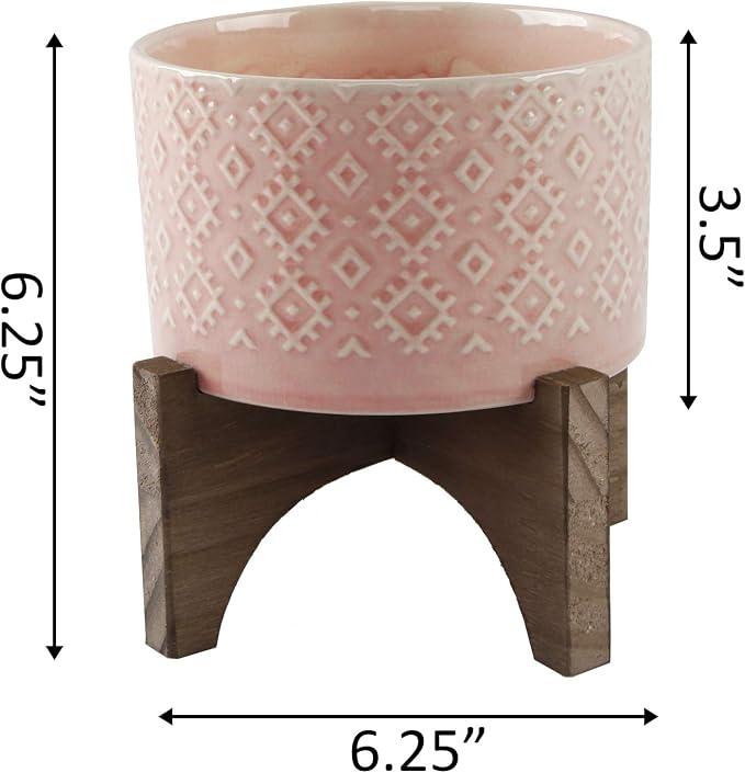 Flora Bunda Mid Century 5 inch India Ceramic Planter on Wood Stand,Glass Pink