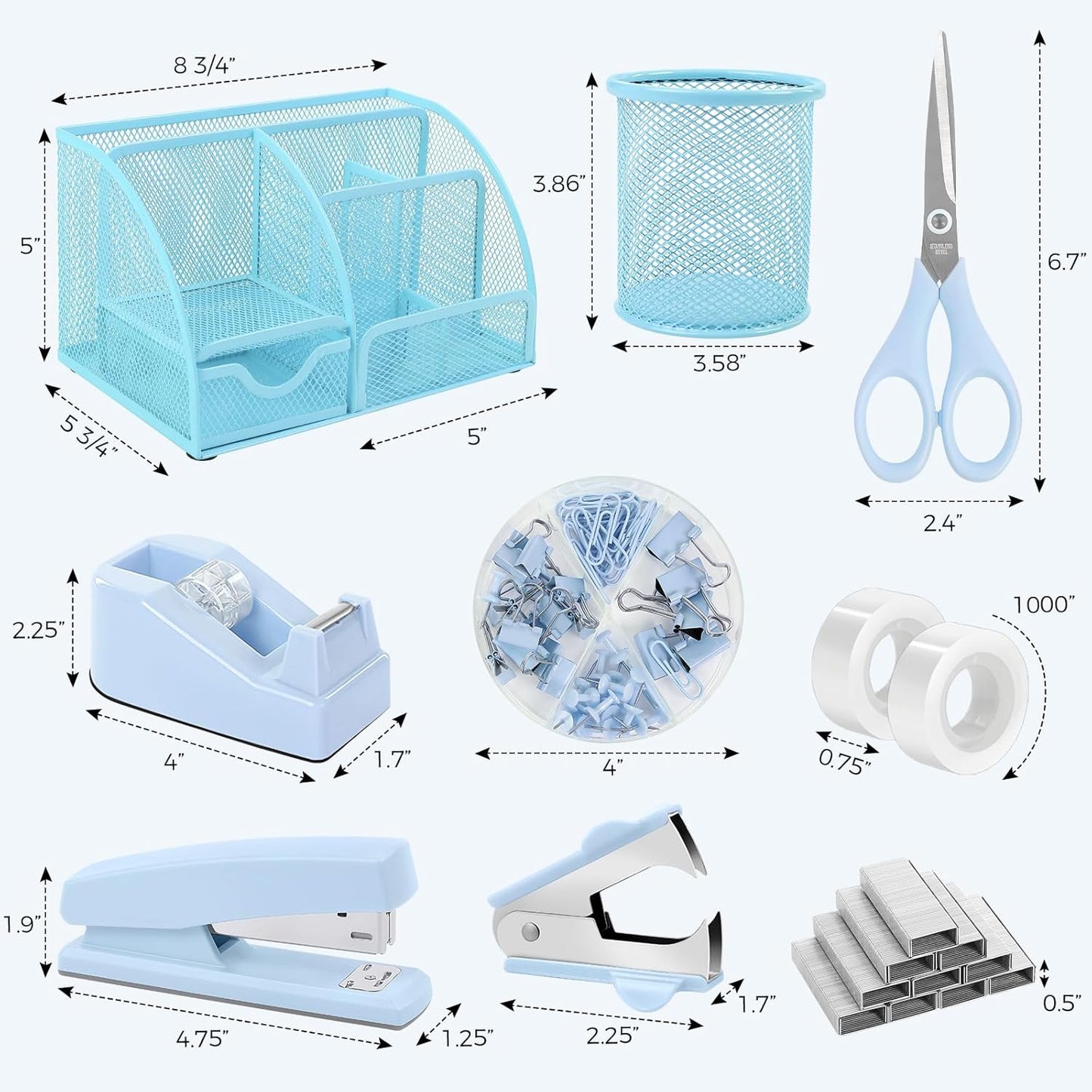 SKYDUE Office Supplies Set - Blue Mesh Desk Organizer with Stapler, Tape Dispenser & Scissors | 1000 Staples Included