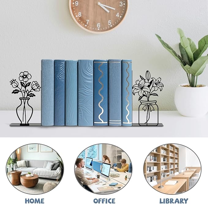 Metal Flower Book Ends Flower Vase Bookends Decorative Book Ends for Shelves Bookshelf Home Office Desk Bookshelf Decor Gift for Reading Enthusiasts