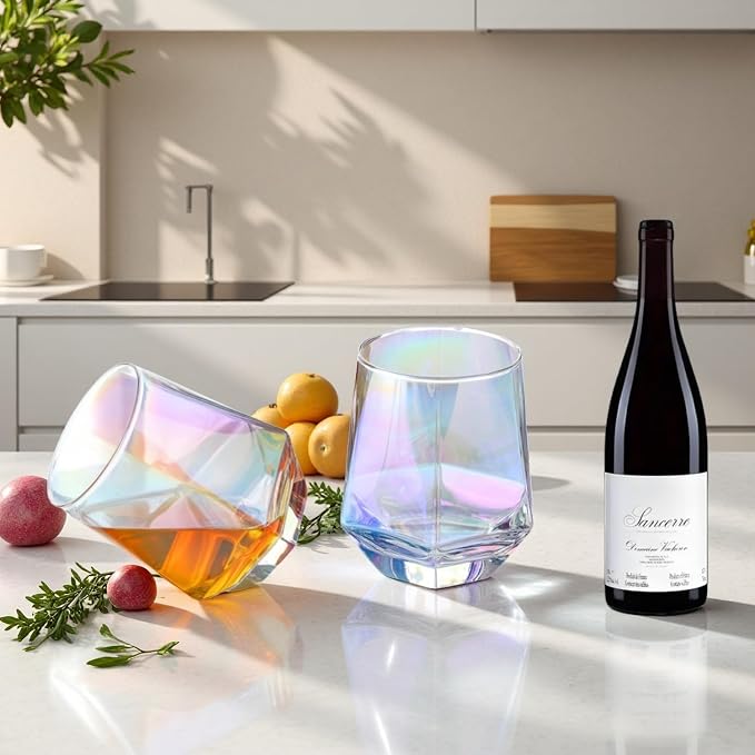 Stemless Wine Glasses Set of 4, 10 Oz Iridescent Glassware Modern Rainbow Wine Glass Colored Tumblers for Red Wine, Cocktail, Whiskey, Bourbon, Gift for Wine Lovers