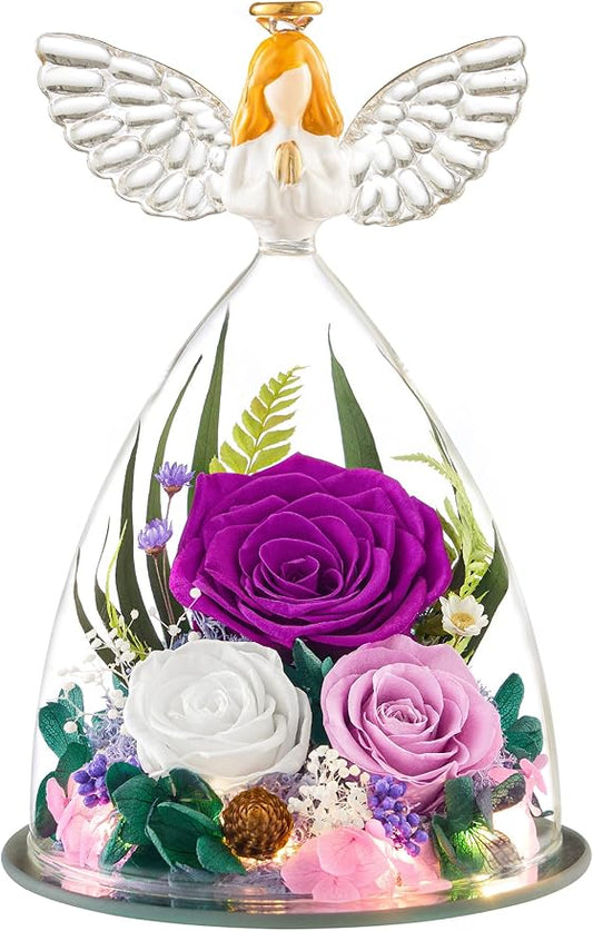 Gifts for Women Forever Flowers Preserved Rose in Glass Angel Figurine Real Colorful Roses Birthday Gifts for Her Grandma Sister Daughter Wife, Purple