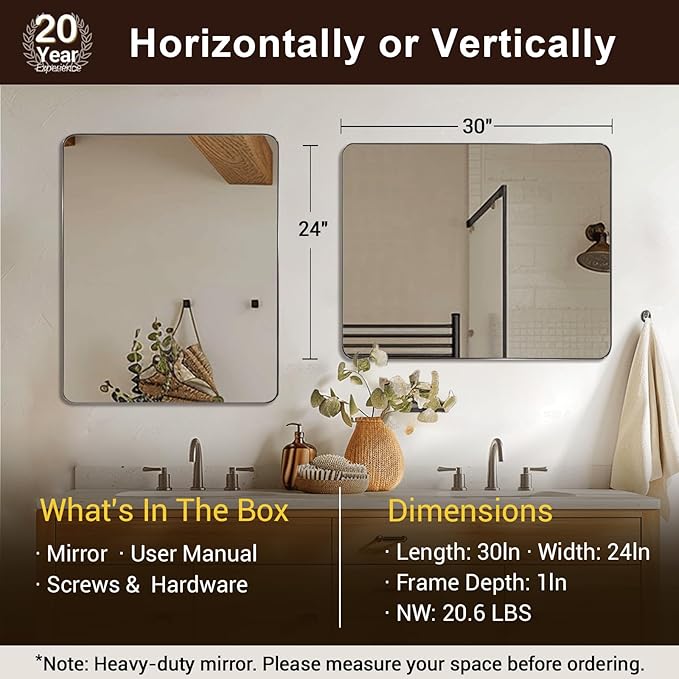 ANDY STAR Brushed Nickel Mirrors for Bathroom Sink, 24x30 Inch Bathroom Vanity Mirror with Rectangular Metal Frame-Modern Clean Design with Superior Stainless Steel Frame