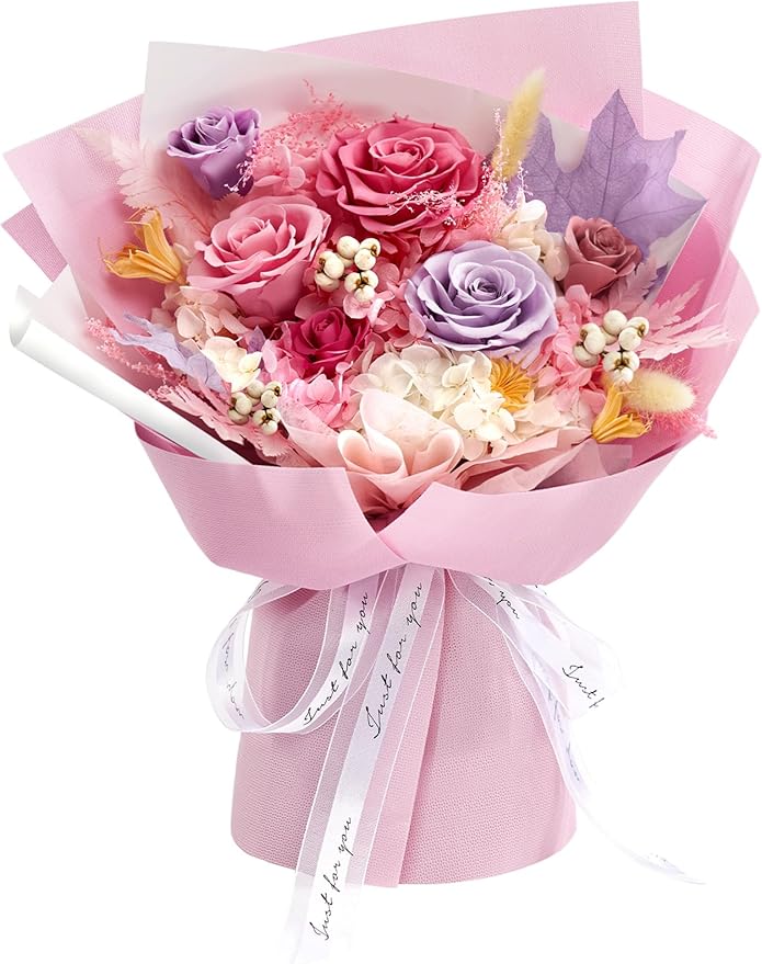 Preserved Flowers Roses Bouquet with Vases Real Pink Flowers for Delivery Prime, Forever Glitter Rose Bouquets Kit,Handmade Flowers Eternal Rosas,Gifts for Graduation Mom Women Birthday(Pink)